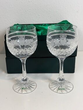Galway Irish Cut Crystal Claddagh Wine Glasses Set of 2 IOB